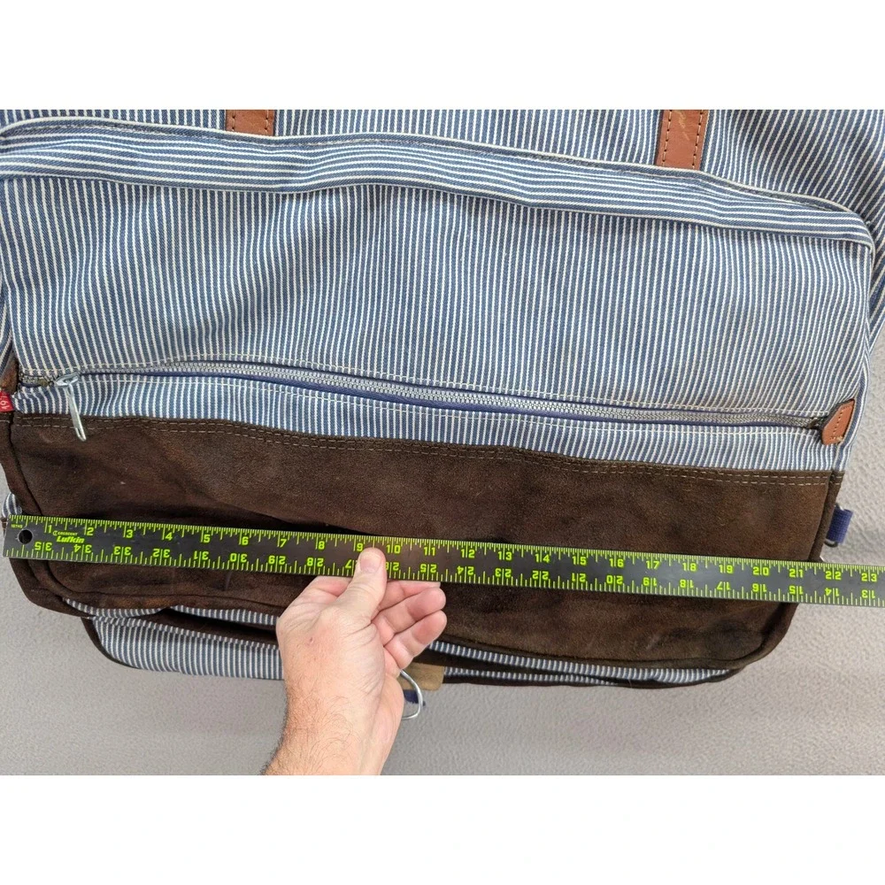 Vintage Hickory Stripe Canvas Suede Garment Travel Luggage Bag Blue White Brown